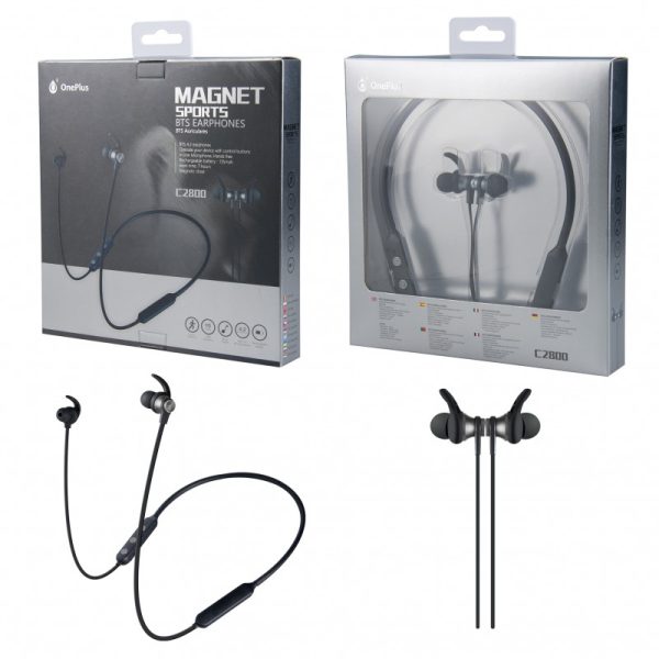 C2800 Bluetooth Magnetic Sports Headphones With Gray Neck and Mic Stand